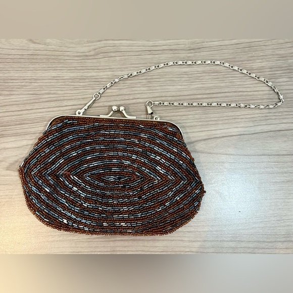 Bijoux Terner Handbags - Bijoux Terner Mini Formal Handbag Brown + Blue Beaded Clutch Purse W/ Clasp